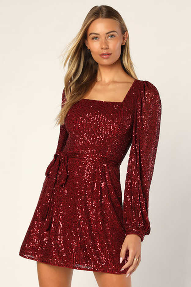 Wine Red Mini Dress - Sequin Mini Dress - Long Sleeve Dress - Lulus