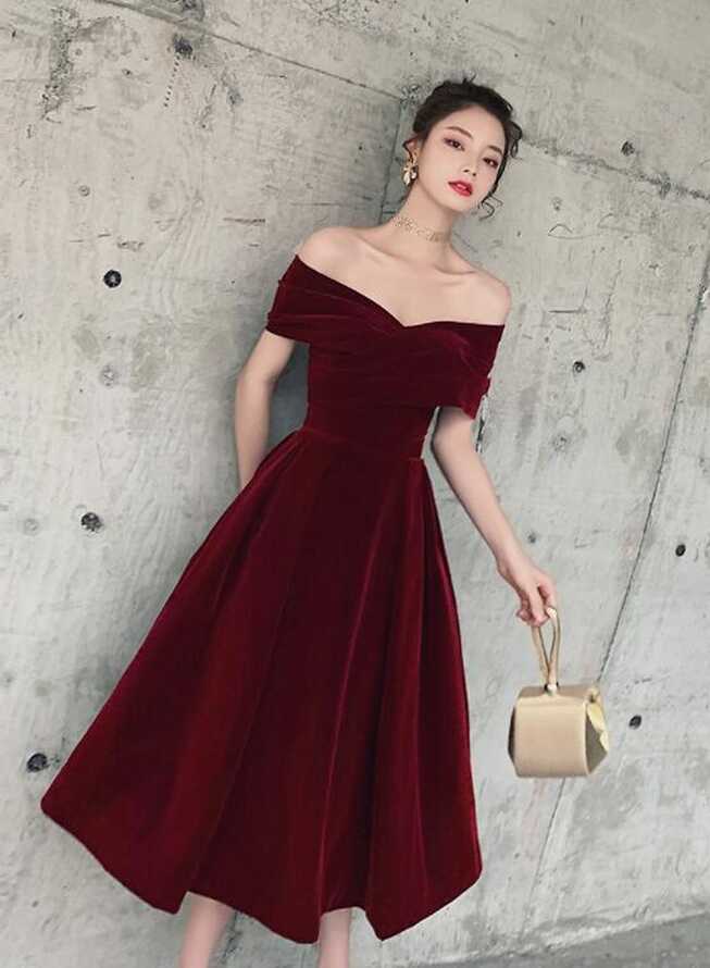 Wine Red Off Shoulder Chic Sweetheart Tea Length Party Dress ...