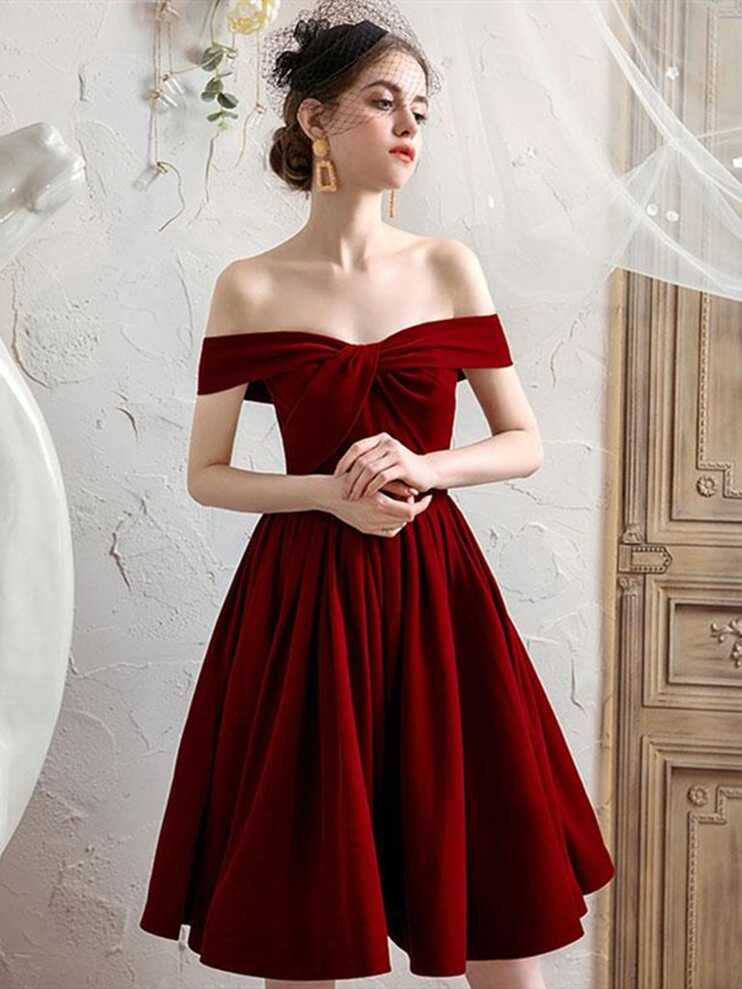 Wine Red Off Shoulder Velvet Homecoming Dresses, Burgundy Formal ...