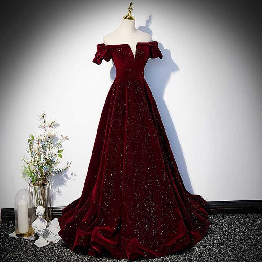 Wine Red Off Shoulder Velvet Long Formal Dress, A-line Velvet ...