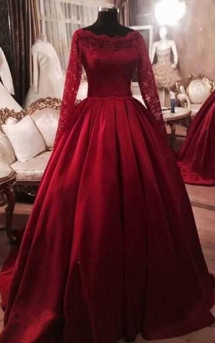 Wine Red Princess Ball Gown, Lace Long Sleeves, Evening Dress. on ...