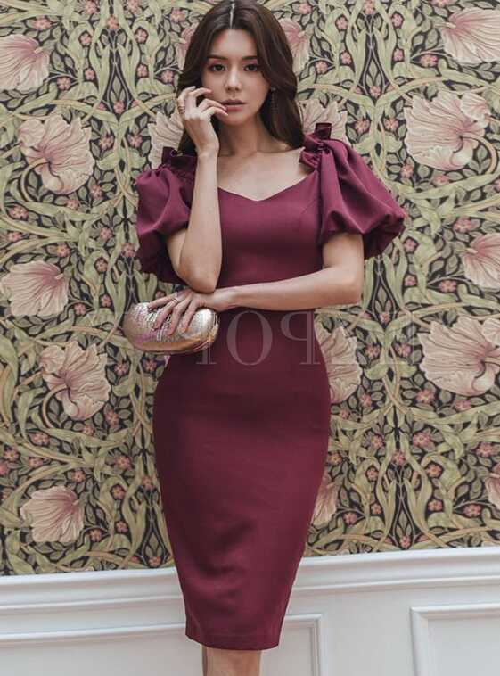 Wine Red Puff Sleeve Knee-length Bodycon Dress