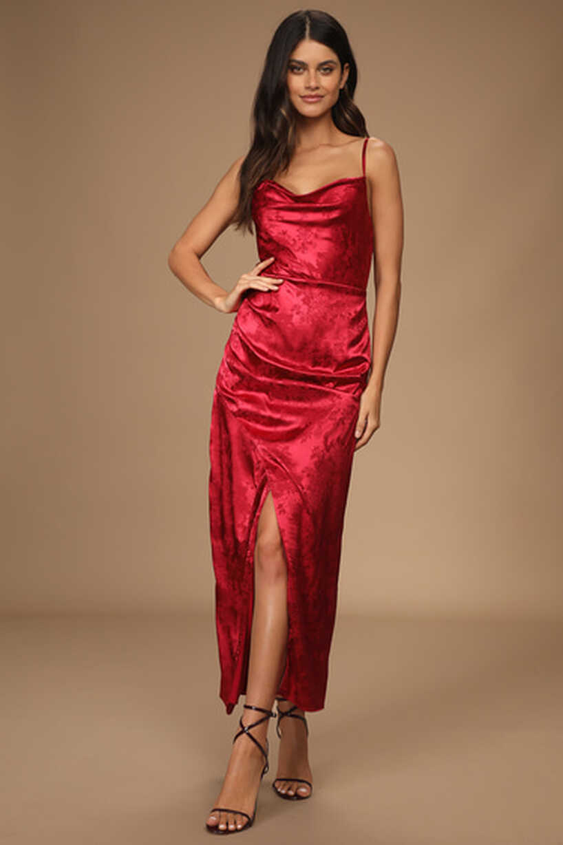 Wine Red Satin Dress - Floral Jacquard Dress - Cowl Maxi Dress - Lulus