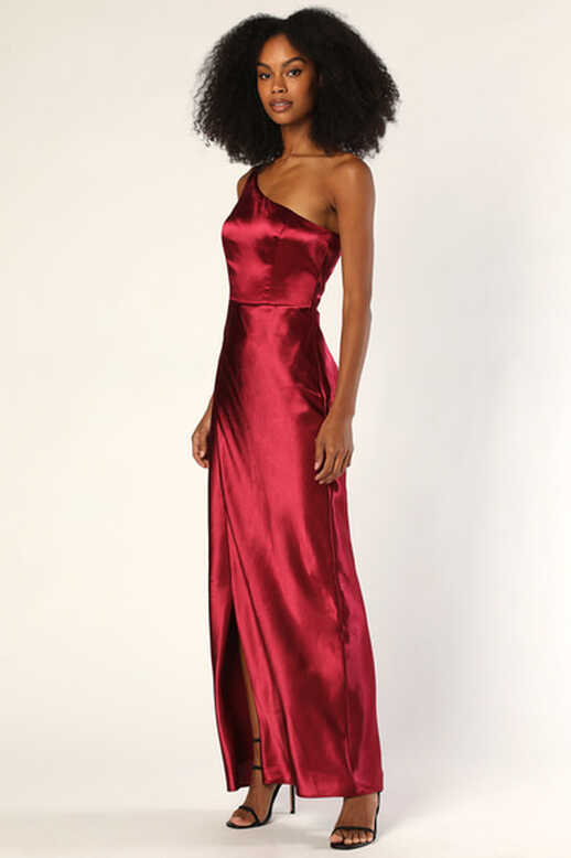 Wine Red Satin Dress - One Shoulder Maxi Dress - Satin Dress - Lulus