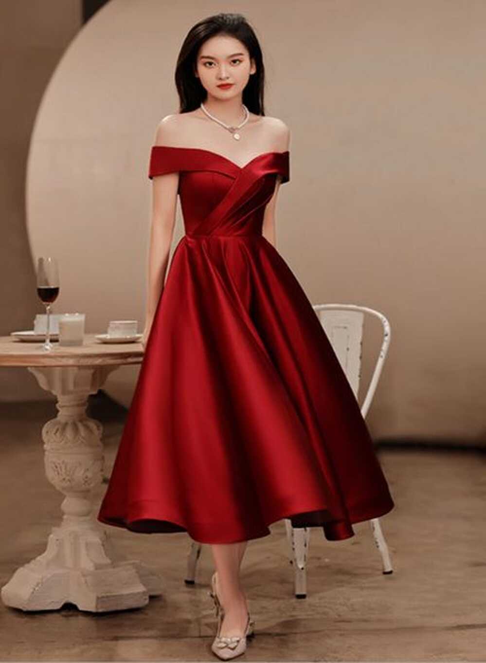 Wine Red Satin Tea Length Bridesmaid Dress Party Dress, Burgundy ...