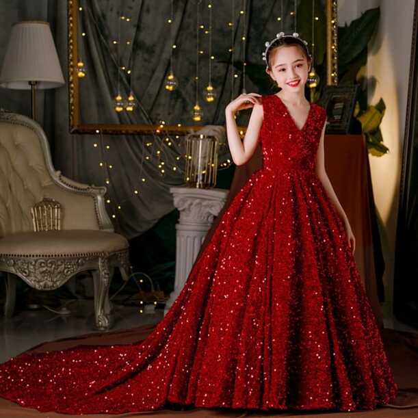 Wine Red Sequin Girl Pageant Dresses Long Puffy Prom Formal ...