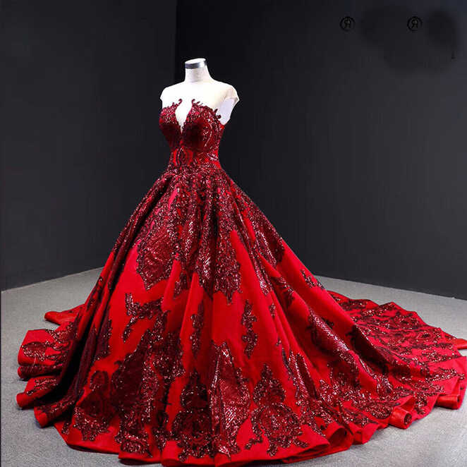 Wine Red Sequin Lace Wedding Dresses Satin A-line Bridal Gown Long ...