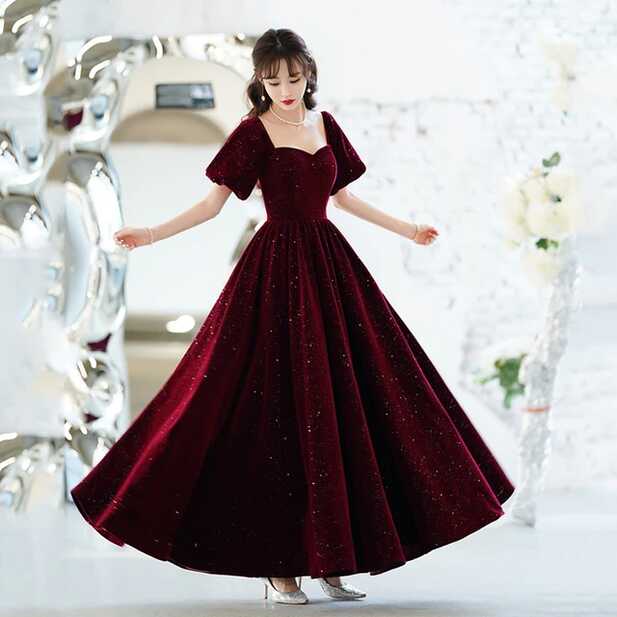 Wine Red Sequins Evening Dress Elegant Square Collar Velvet ...