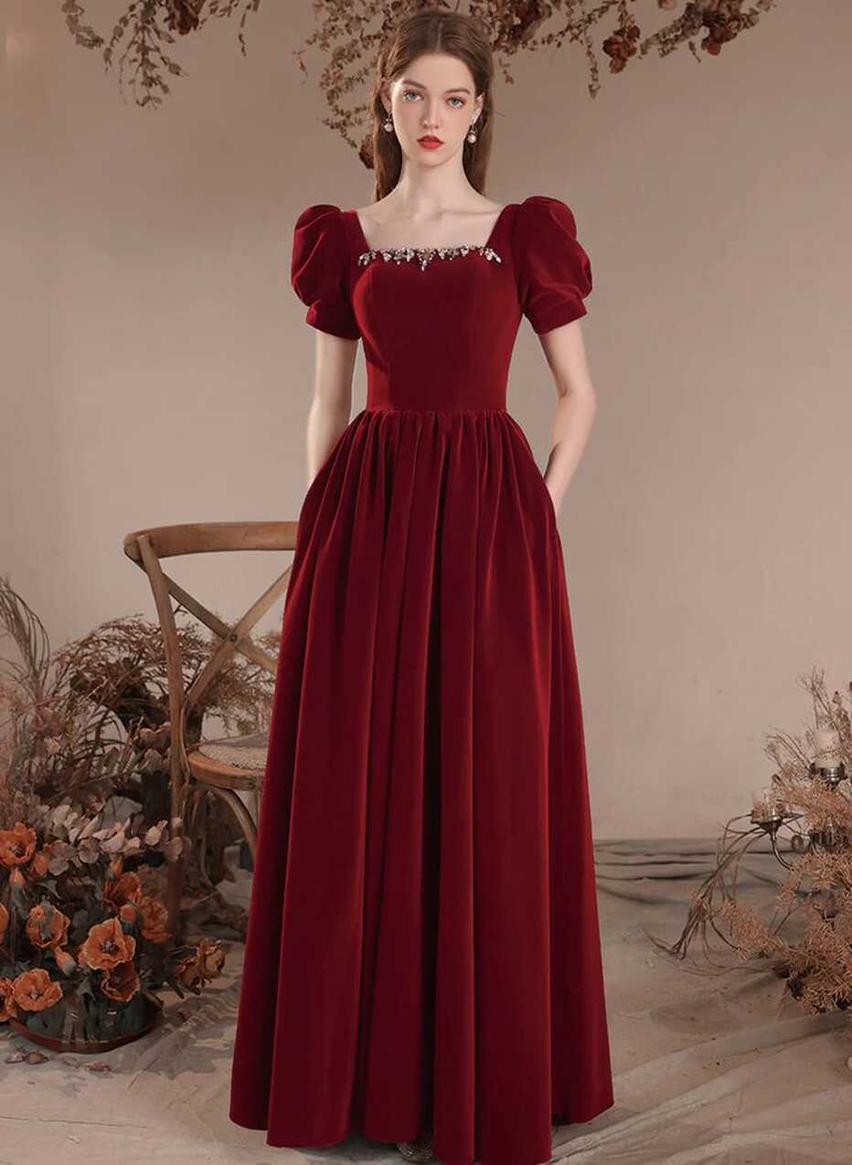 Wine Red Short Sleeves Velvet Long Party Dress, A-line Wine Red ...