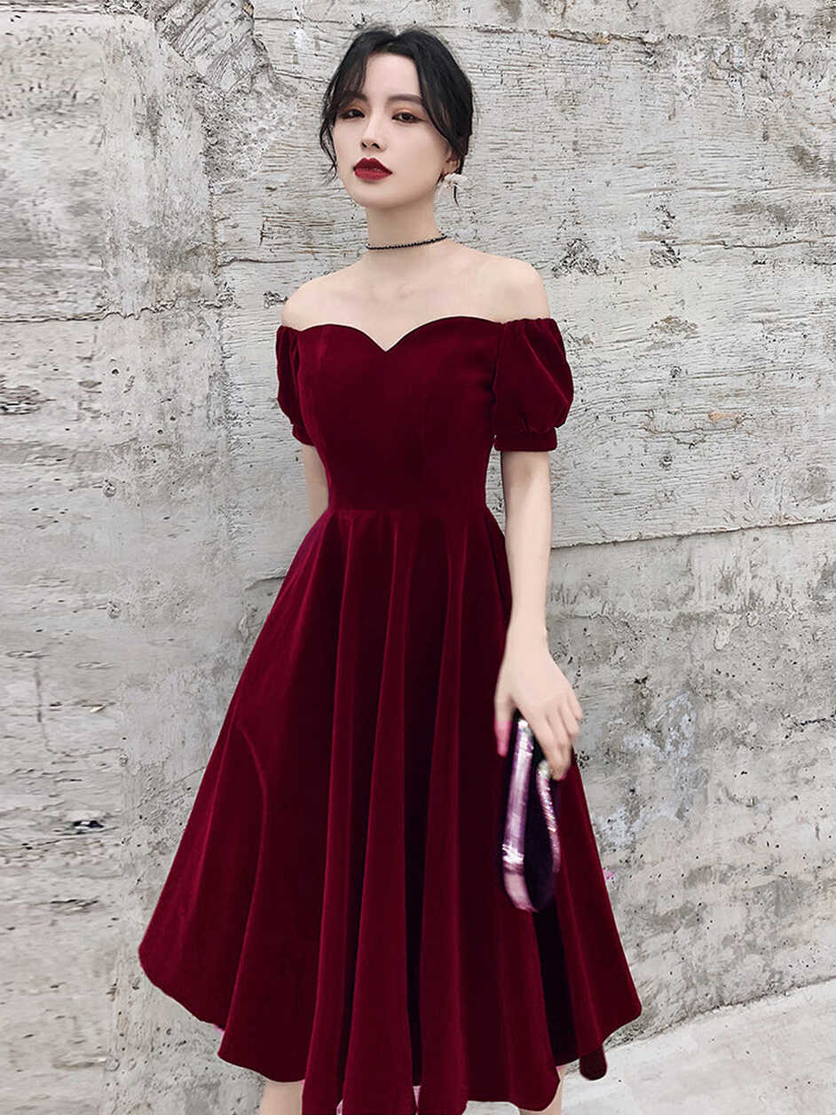 Wine Red Short Velvet Evening Dresses, Off Shoulder Prom Dresses ...