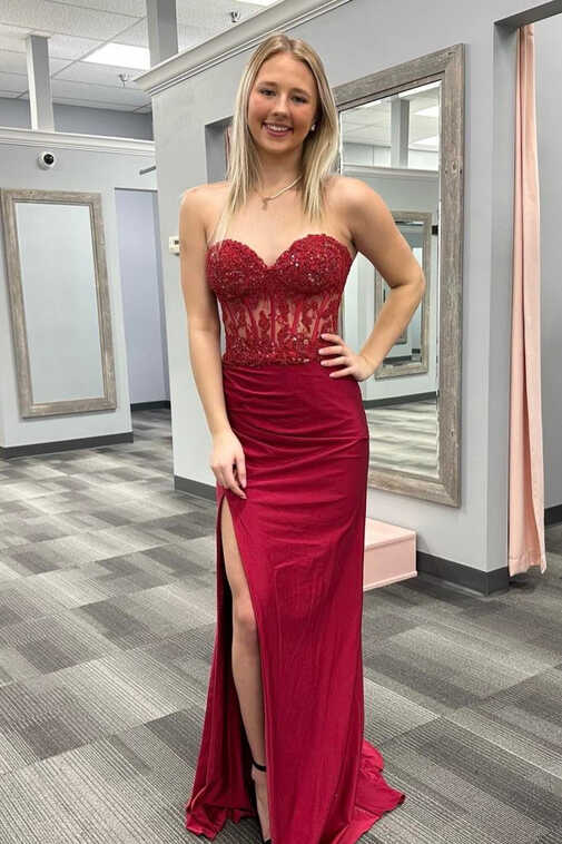 Wine Red Strapless Mermaid Appliques Long Prom Dress with Slit ...