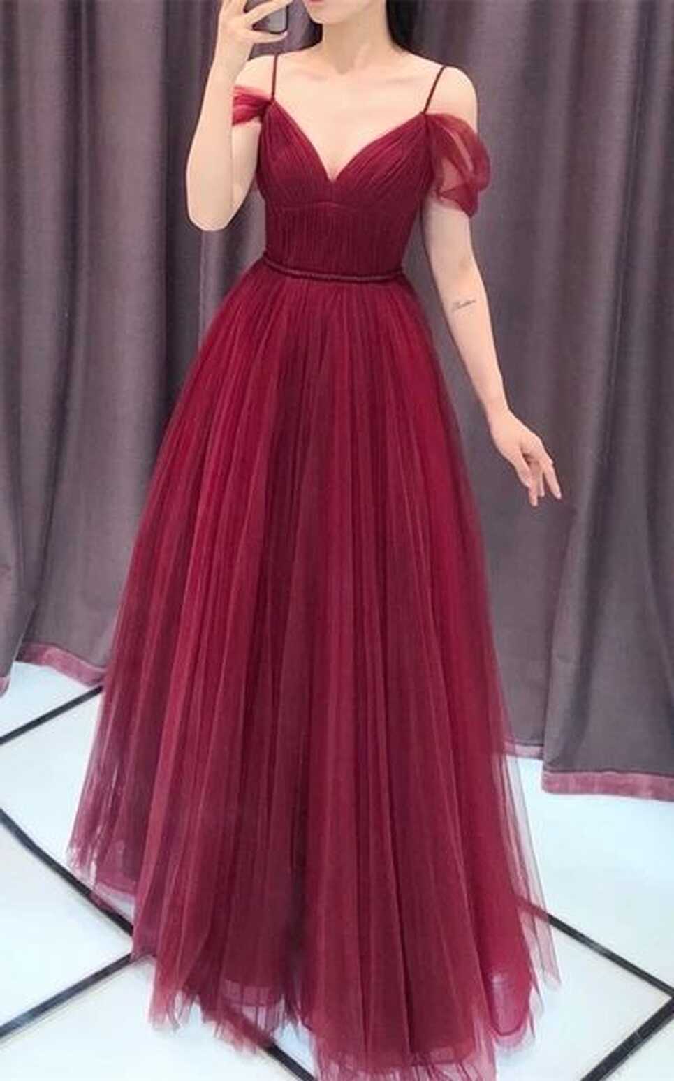 Wine Red Straps Off Shoulder A-line Tulle Evening Dress Party ...