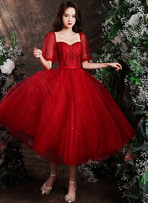 Wine Red Tulle Short Sleeves Tea Length Party Dress with Lace ...