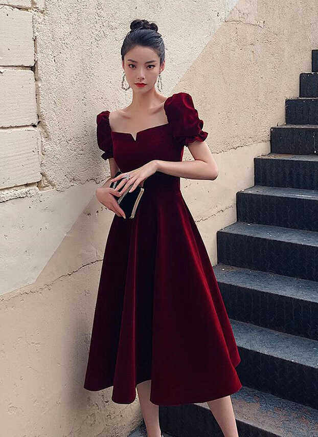 Wine Red Velvet Tea Length Short Sleeves Party Dress, Dark Red ...