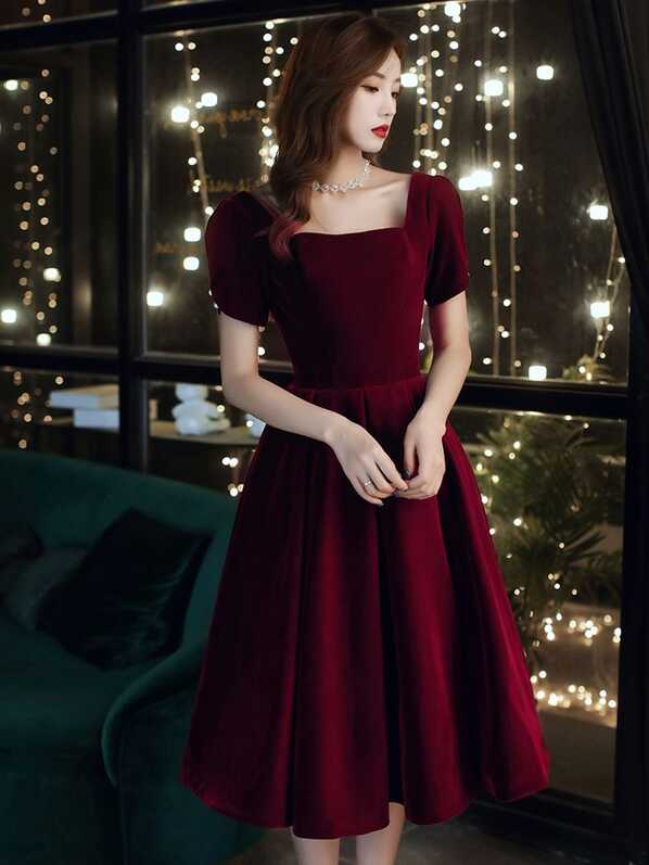 Wine Red Velvet Tea Length Short Sleeves Party Dress, Short ...