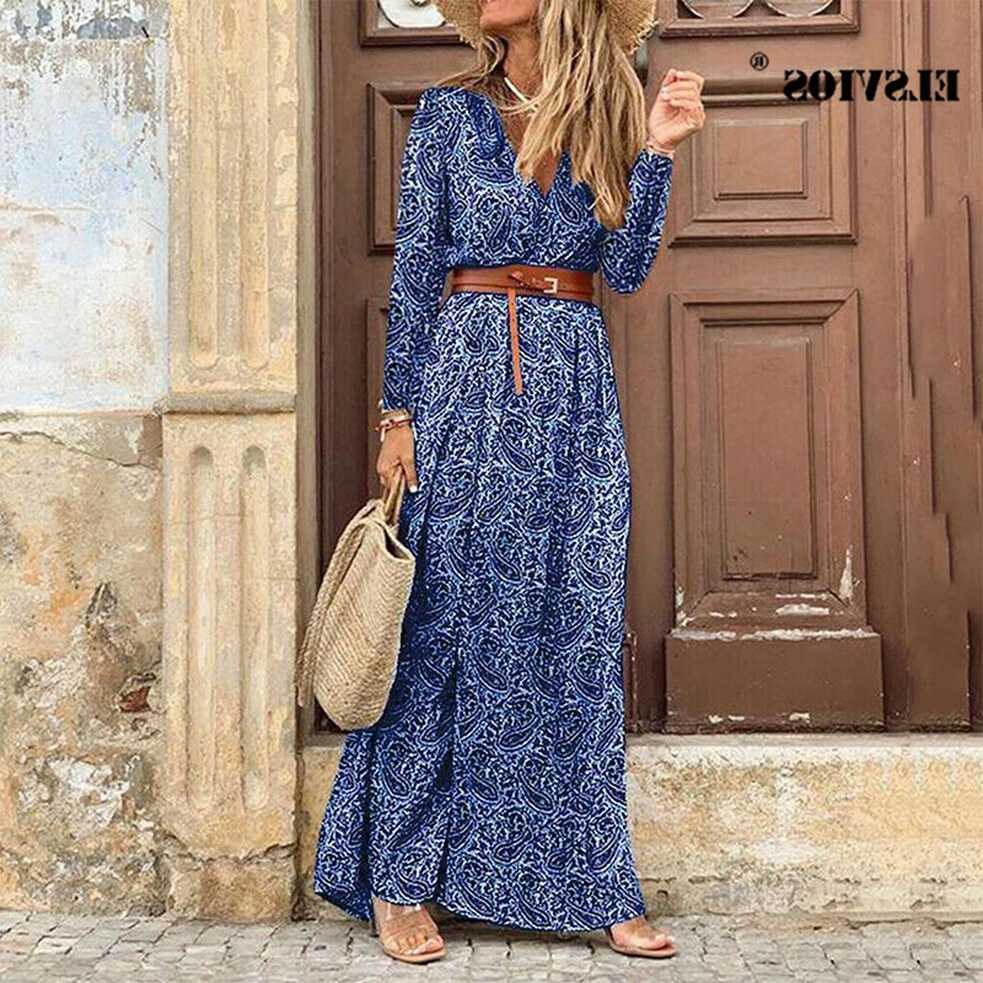 Winter Autumn Fashion Women′ S V-Neck Printed Long Dress Casual ...