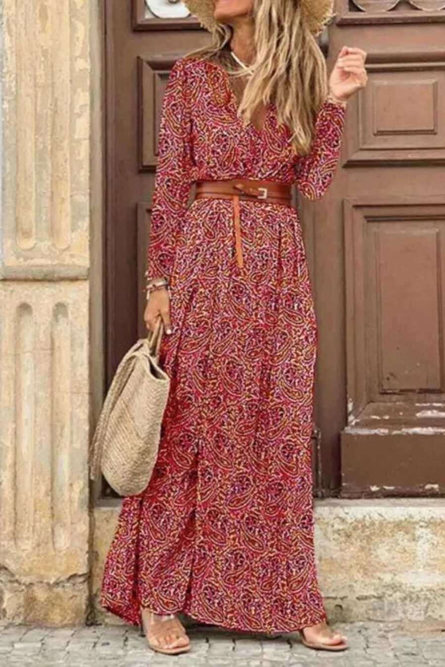 Winter Autumn Fashion Women V Neck Print Long Dress Casual ...