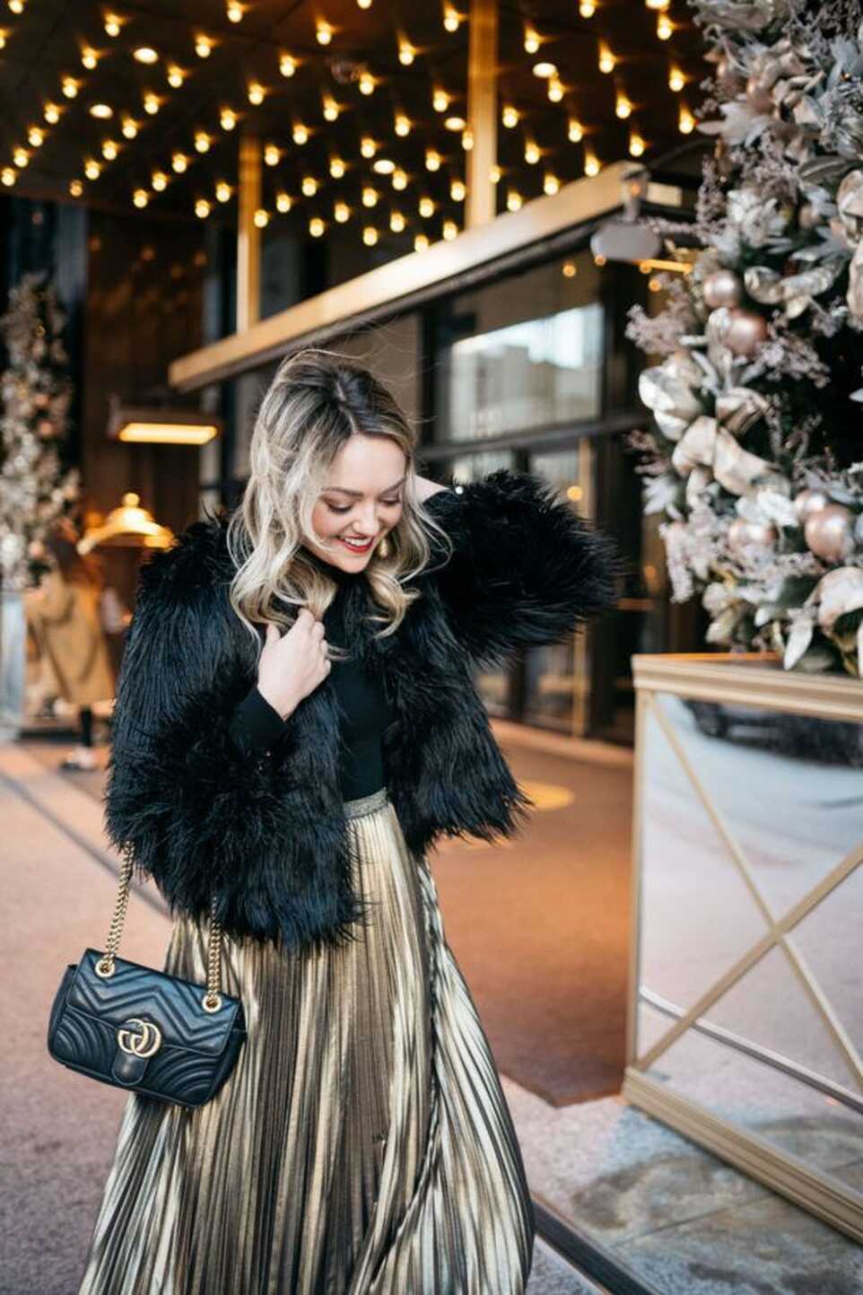 Winter Party Outfit: Black Fur Coat + Gold Skirt — bows &amp; sequins