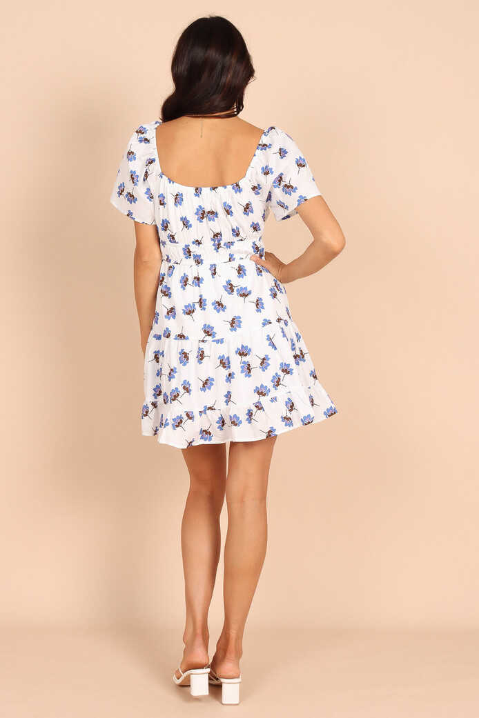 Winterspoon Shirred Waist Mini Dress - White/Blue Floral - Petal ...