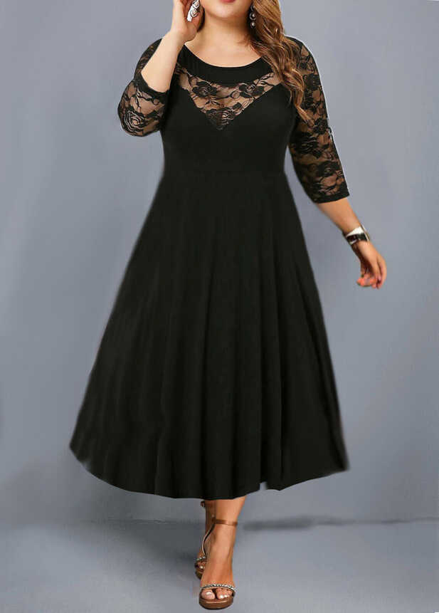 Woman Dress Plus Size Lace Stitching Black Formal Dress 3/4 ...