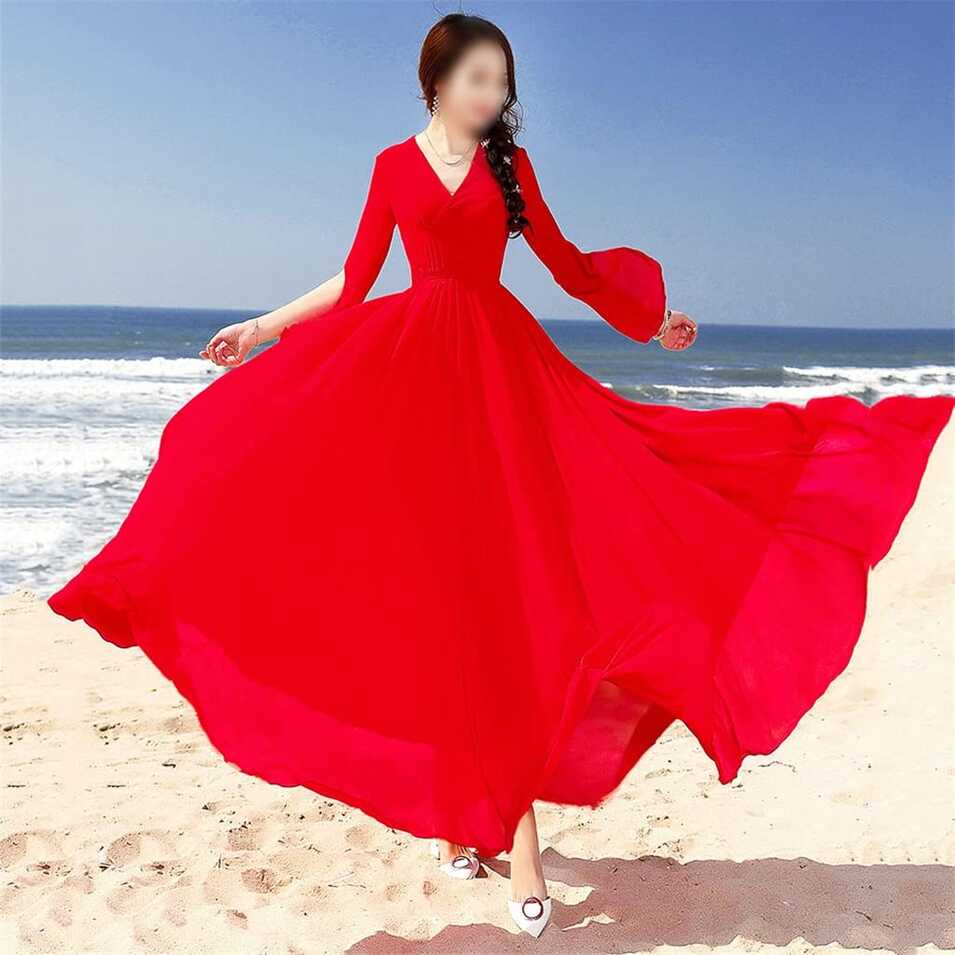 Woman Dress Summer Summer Big Red Dress Big Swing Chiffon Dress ...