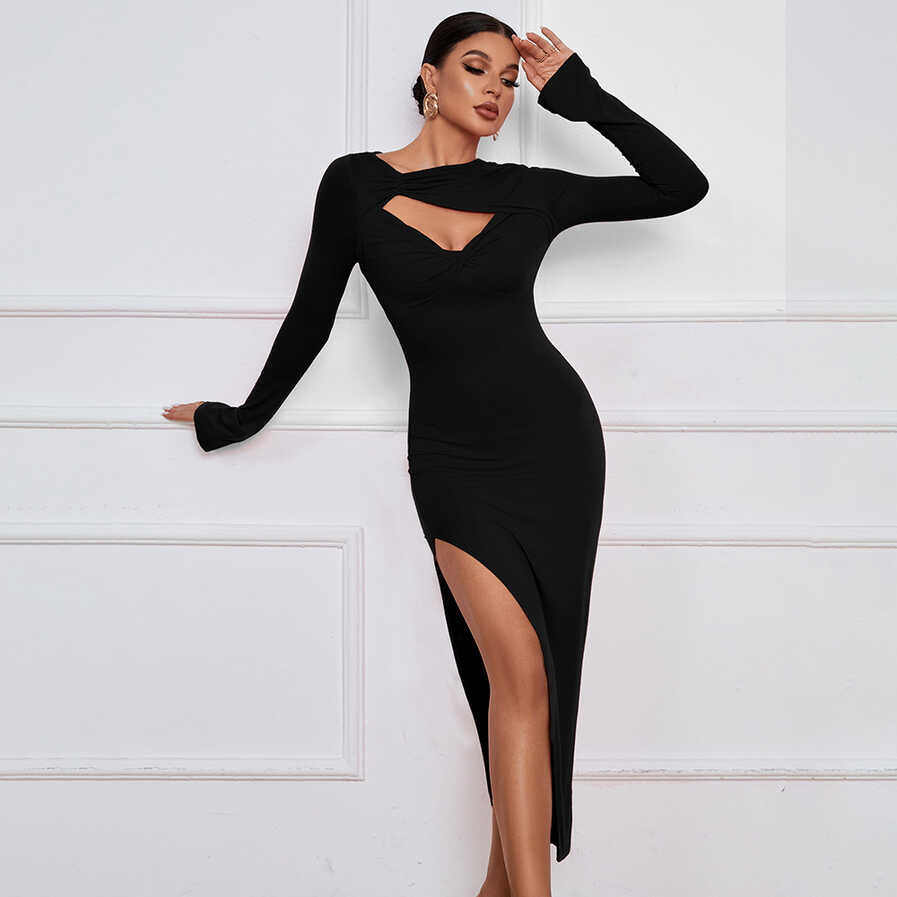 Women&#39;S Maxi Dress Slim Tight Fitting Sexy Slit Long Sleeve ...