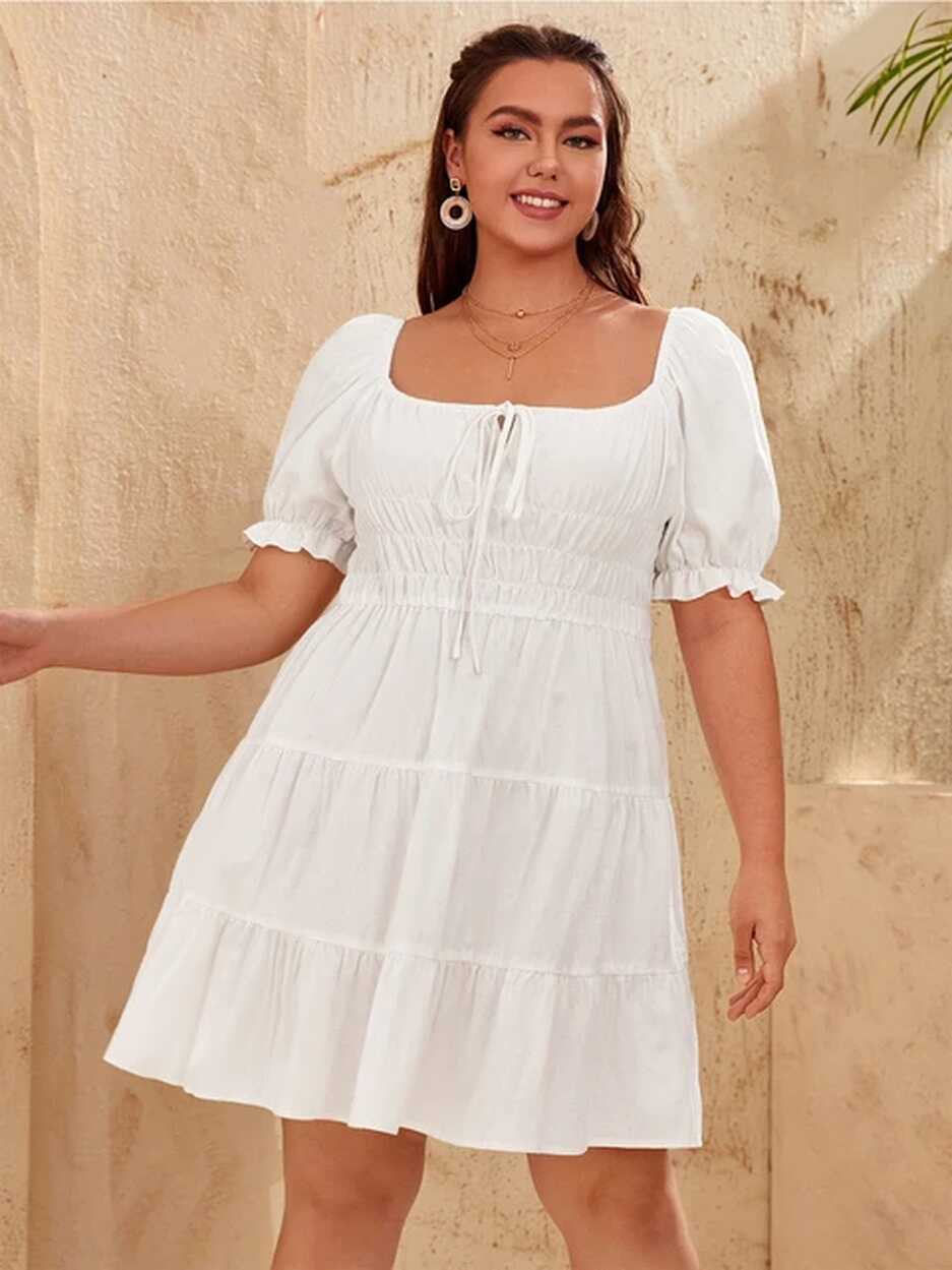 Women&#39;S Plus Size White Dress Summer Casual Slash Neck Short ...