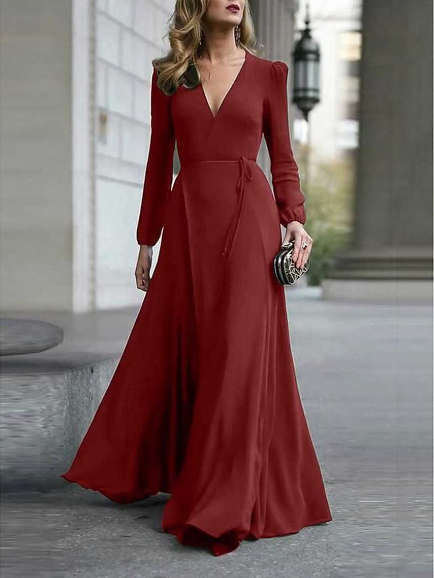 Women&#39;s A-Line Dress Maxi long Dress Long Sleeve Solid Color Split ...