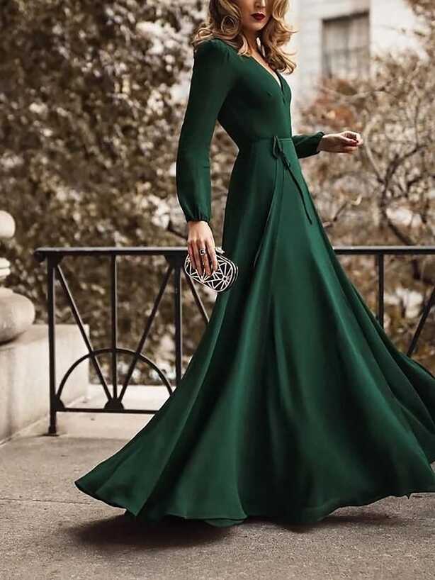 Women&#39;s A-line Dress Maxi Long Dress Long Sleeve Solid Color Split ...