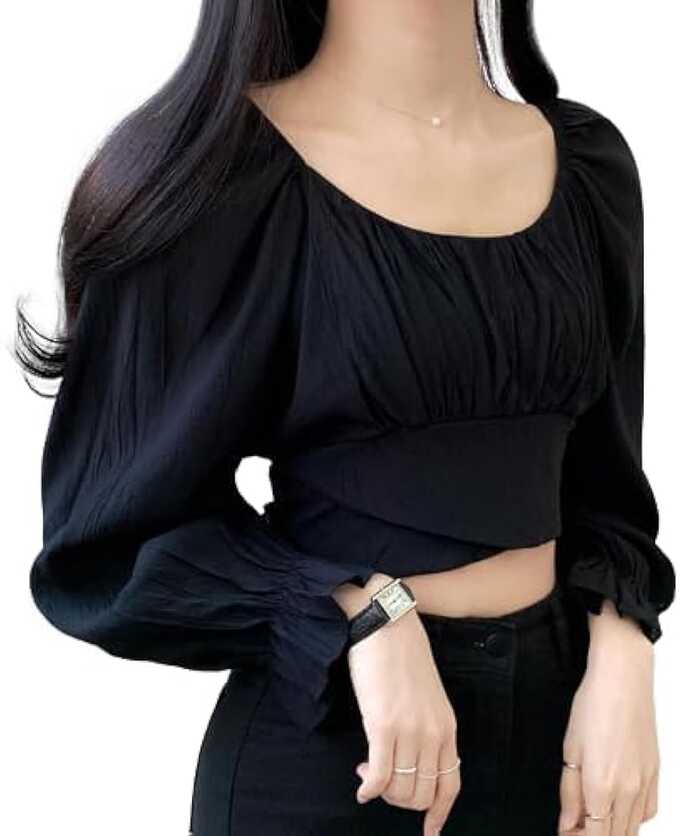 Women&#39;s Black Long Lantern Sleeve Tie Up Back Crop Blouse Top Cute ...