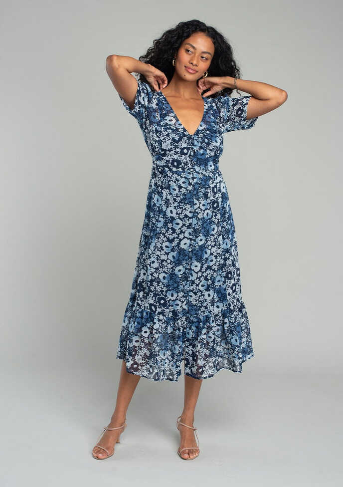 Women&#39;s Bohemian Blue Floral Chiffon Midi Dress | LOVESTITCH