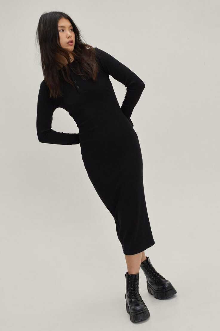 Women&#39;s Button Down Long Sleeve Ribbed Midi Dress | Boohoo UK