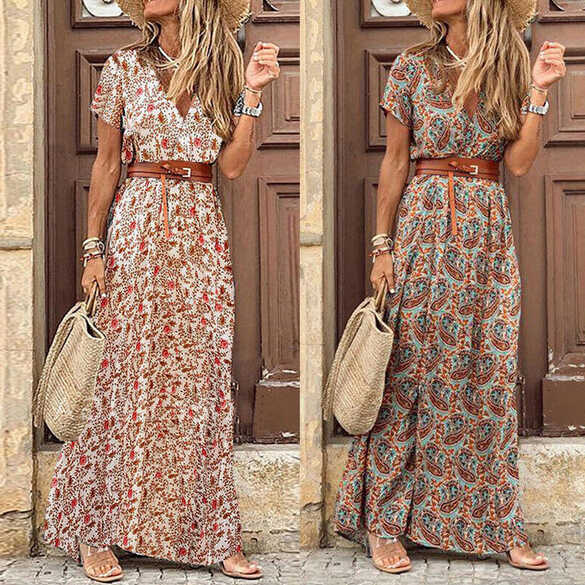 Women&#39;s Casual Boho Floral Slit Long Dress Ladies Summer Beach ...