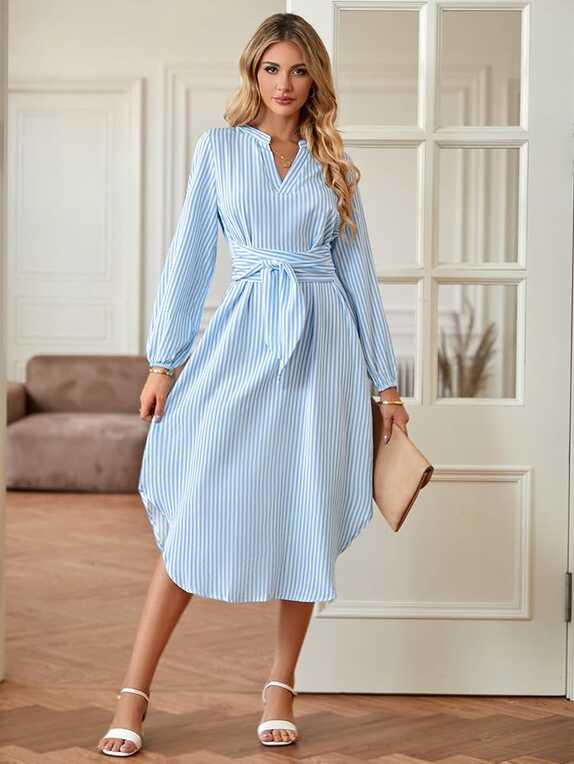 Women&#39;s Casual V Neck Long Sleeve Midi Dress Stylish Stripe ...