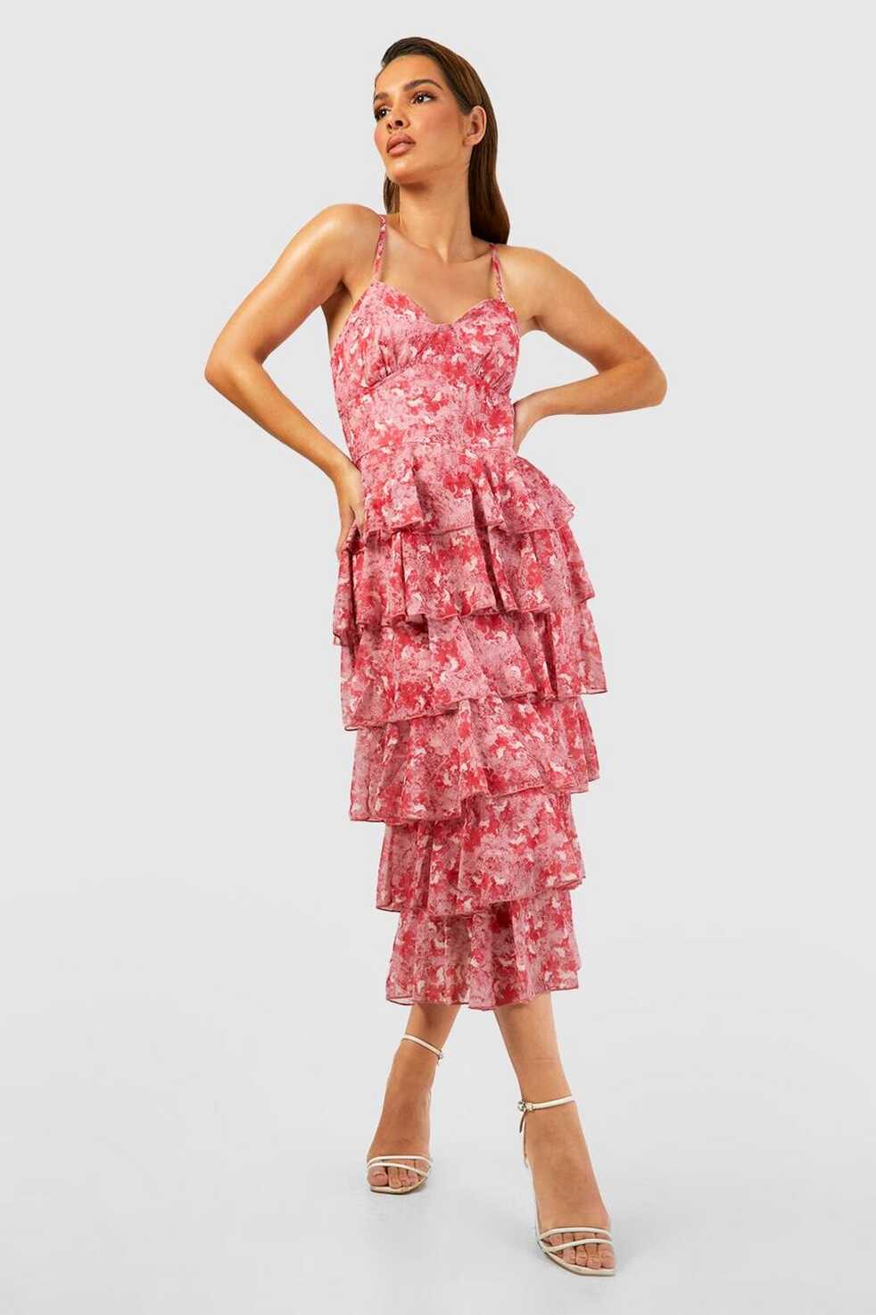 Women&#39;s Chiffon Floral Tiered Strappy Midi Dress | Boohoo UK