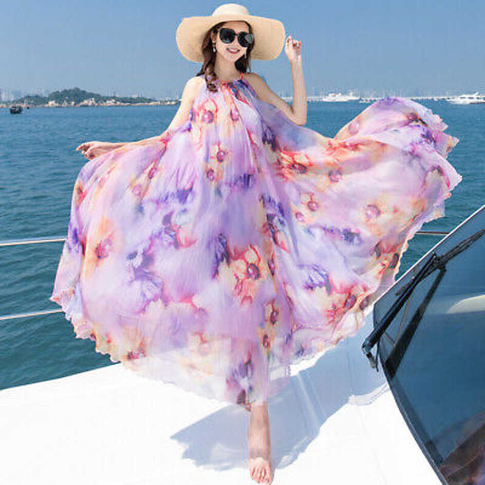 Women&#39;s Chiffon Maxi Dress Floral Print Sleeveless Summer Beach ...