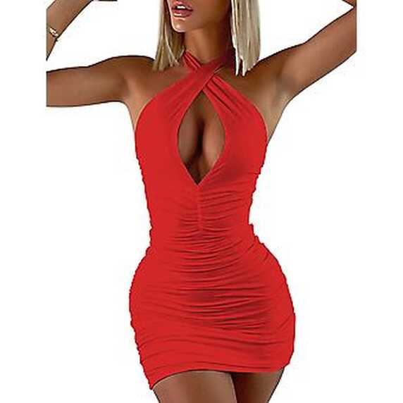 Women&#39;s Criss Cross Sexy Bodycon Ruched Halter Mini Party Club ...