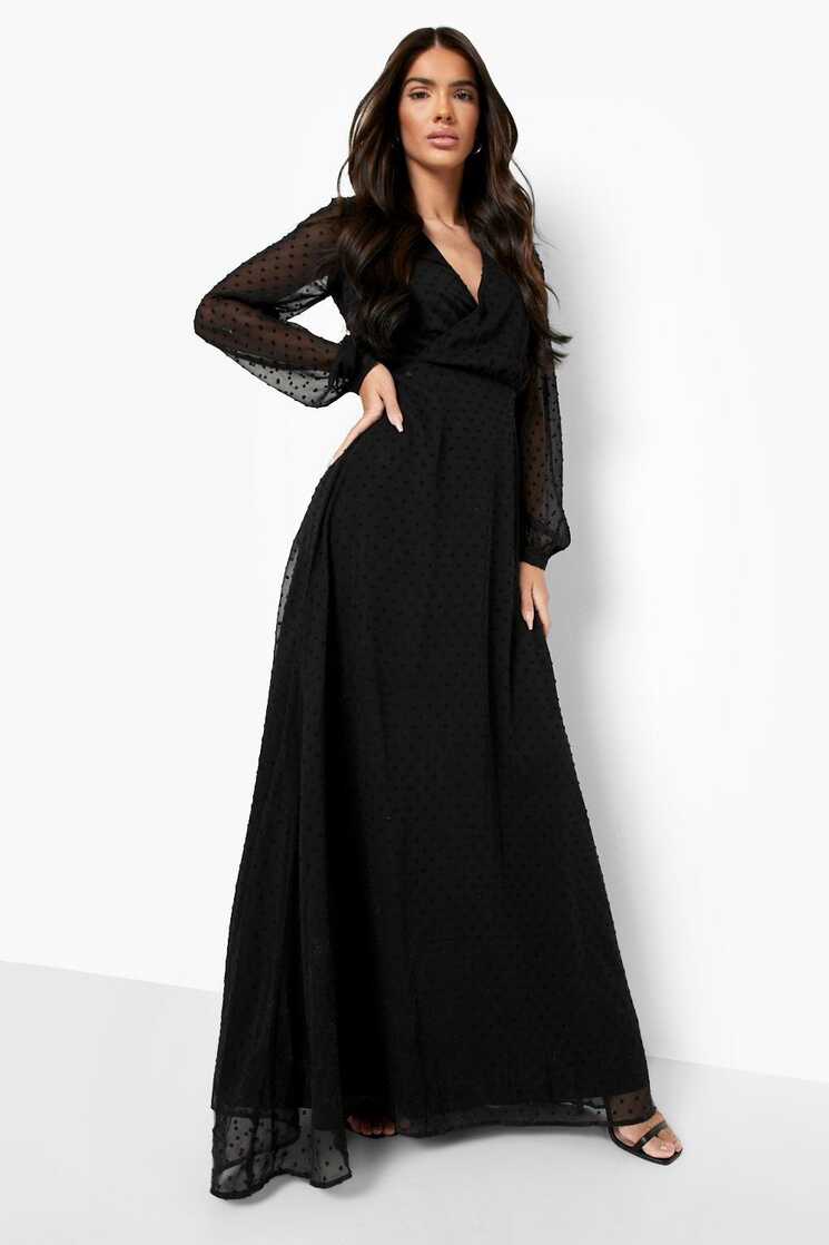 Women&#39;s Dobby Wrap Long Sleeve Maxi Dress | Boohoo UK