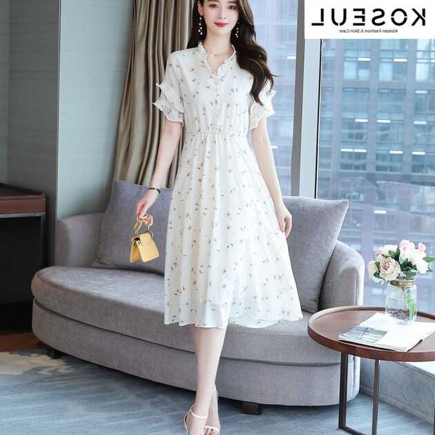 Women&#39;s Floral Dress Korean-style Waist Trimming Short-sleeved Chiffon