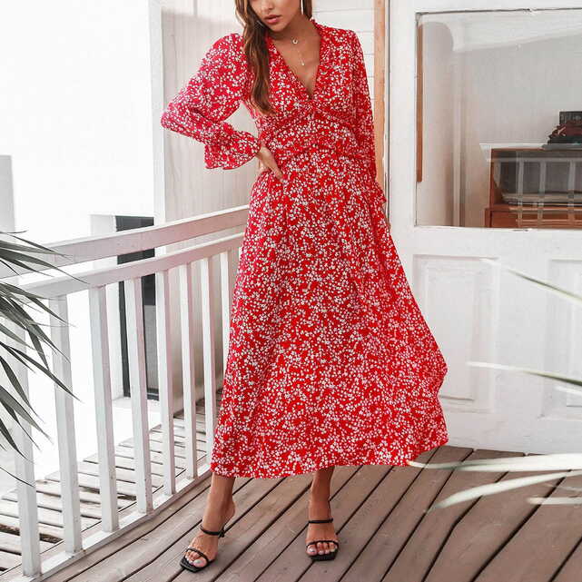 Women&#39;s Floral Print Boho Dress Long Sleeve Wrap V Neck Ruffle ...