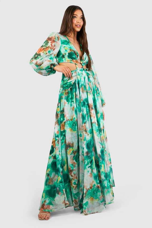 Women&#39;s Floral Print Chiffon Cut Out Maxi Dress | Boohoo UK