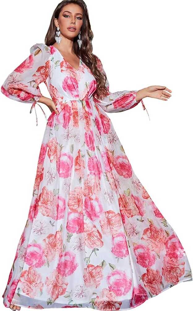 Women&#39;s Floral Print Long Sleeve Chiffon Elegant Maxi Dress Casual ...