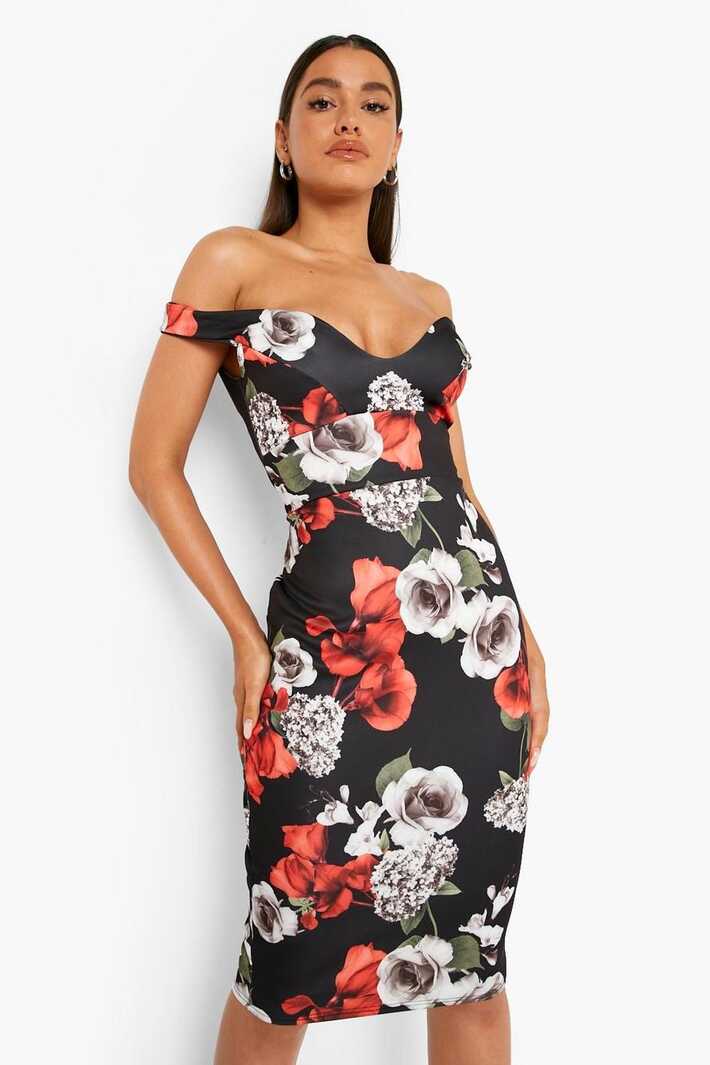 Women&#39;s Floral Print Off Shoulder Bodycon Midi Dress | Boohoo UK