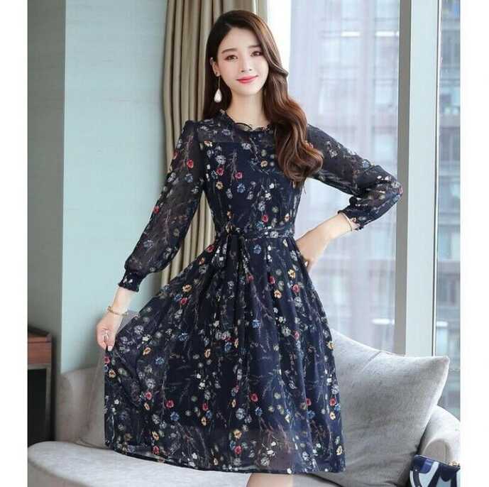 Women&#39;s Floral Printing Slim Fit Knee Length Dress Chiffon A-Line ...