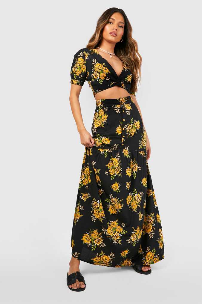 Women&#39;s Floral Puff Sleeve Crop &amp; Maxi Skirt | Boohoo UK