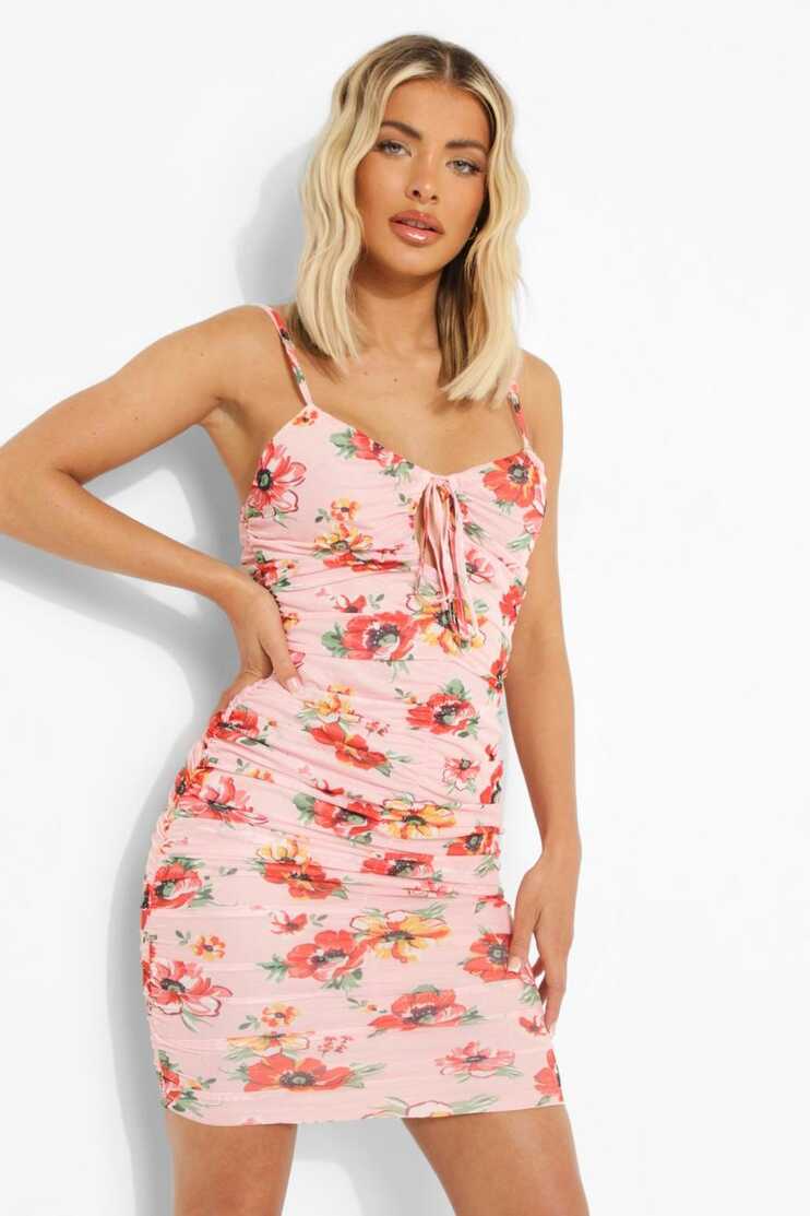 Women&#39;s Floral Strappy Ruched Bodycon Mini Dress | Boohoo UK