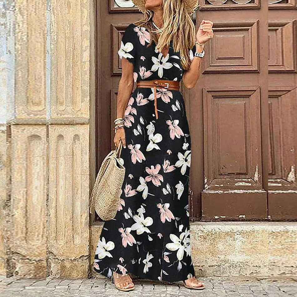 Women&#39;s Floral Summer Dress Belted Ruffle A Line Bohemian Maxi ...