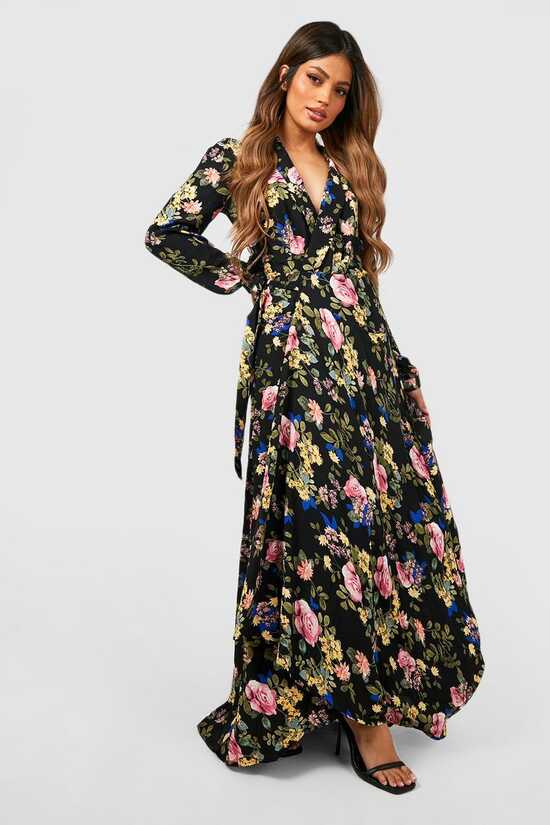 Women&#39;s Floral Wrap Belted Maxi Dress | Boohoo UK