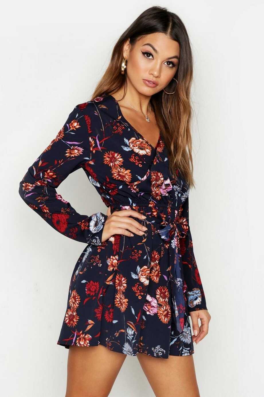 Women&#39;s Floral Wrap Front Mini Dress | Boohoo UK