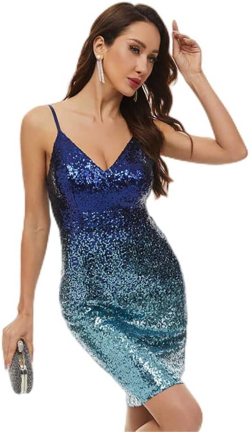 Women&#39;s Gradient Sequin Dress Halter Short Skirt Party Dress Blue ...